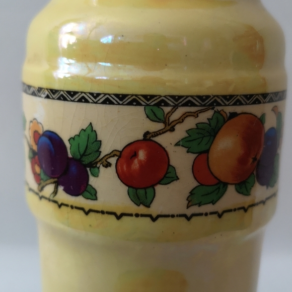 Vintage Lancaster & Sons England Lusterware Yellow Vase Fruit & Flowers, 7" Tall - Picture 3 of 7